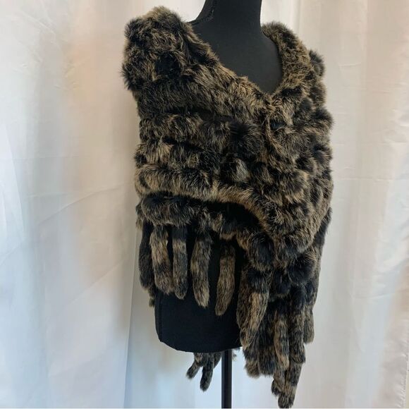 Brown black rabbit fur shawl poncho scarf winter fall - Picture 2 of 6